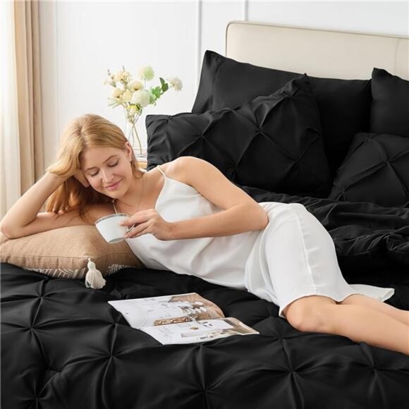 Queen Comforter Set Black, 7 Pieces Pintuck Bed in A Bag,Premium Black Comforter - Picture 4 of 7